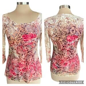 Carrie Allen VTG Floral Velvet Burnout 3/4 Sleeve LARGE Fairy Whimsy Tattoo Art